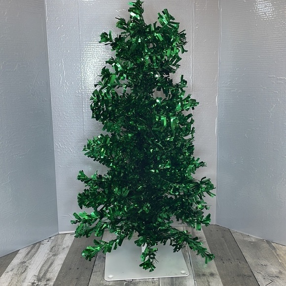 Red and green tensile Christmas trees. Approx 2 1/2 ft tall. Sits on metal base. - Picture 3 of 7